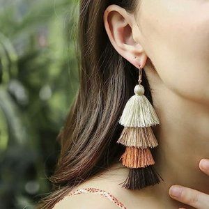 Bohemian Layered Long Pom Pom Tassel Earrings Drop Dangle Tiered Ombre Fringe